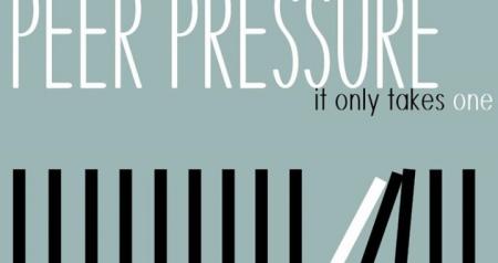 Peer Pressure, it only takes one to stop it. Image depicts dominoes knocking each other over, and one doesn't and stops the others from falling.